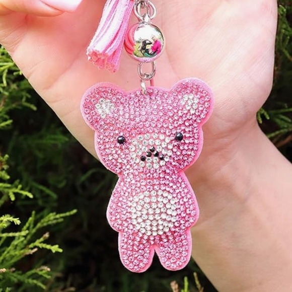 Blinged teddy bear in pink rhinestones purse charm or bag charm approx 6.5 in - Picture 2 of 3